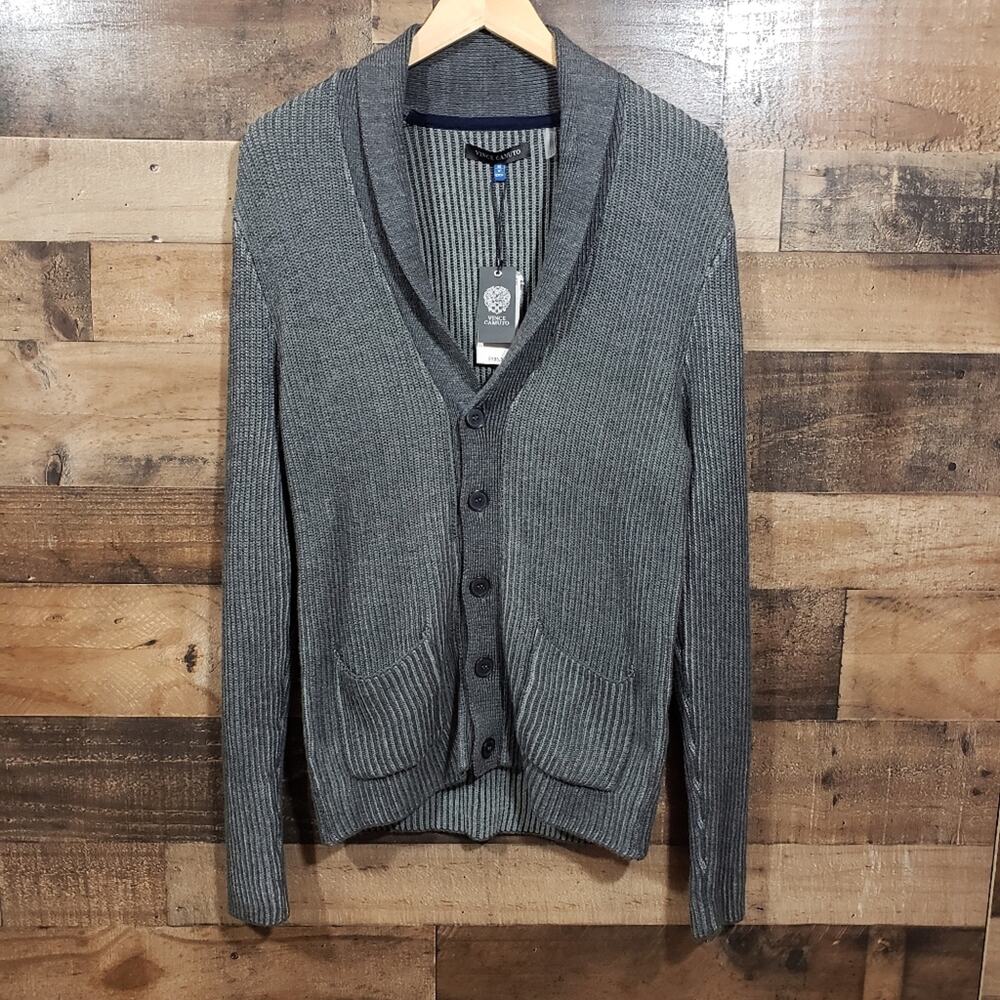 Vince Camuto Women Cardigan Shawl Collar Ribbed Knit Button Front Grey Size XS